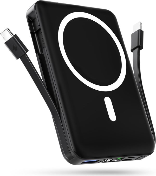podoru for Magsafe Battery Pack, 10000mAh Magnetic Power Bank Built-in USB C Lighting Cables 22.5W PD Fast Charging LED Display Wireless Portable Charger for iPhone 16/15/14/13/12/ All Series-Black