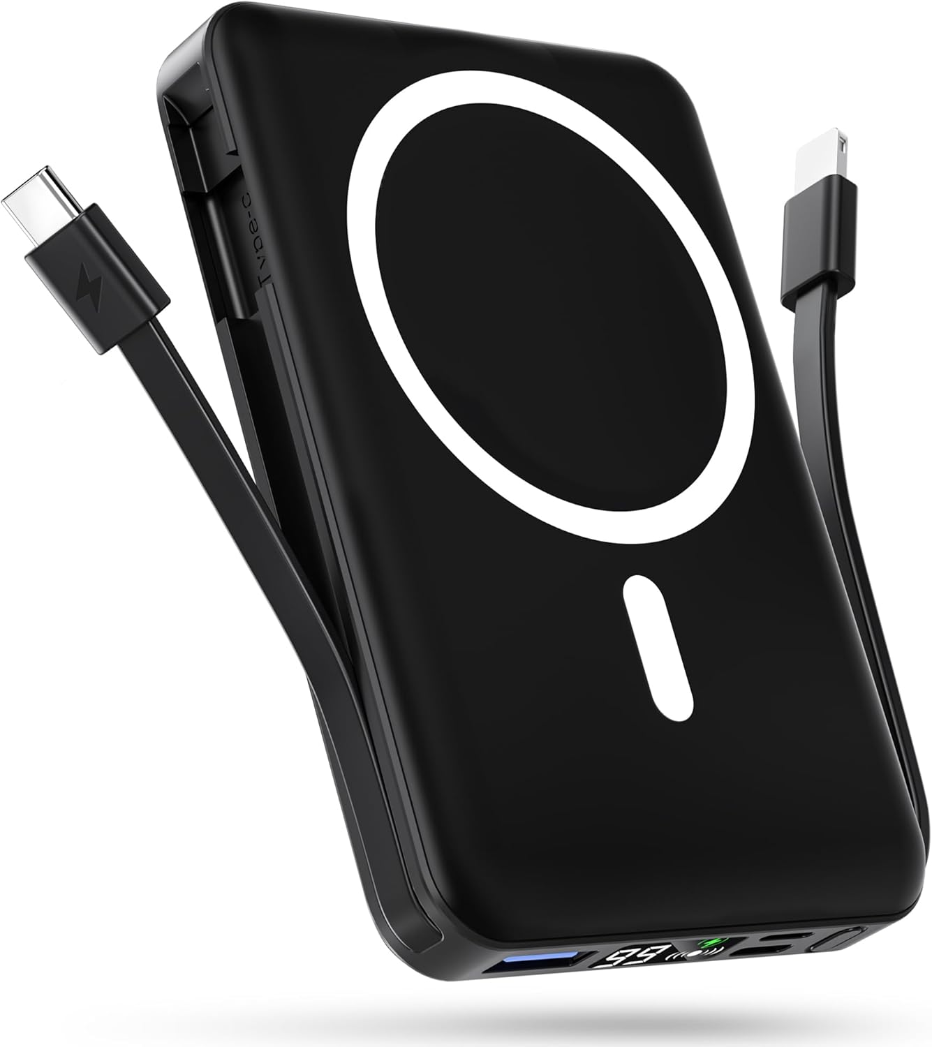 podoru for Magsafe Battery Pack, 10000mAh Magnetic Power Bank Built-in USB C Lighting Cables 22.5W PD Fast Charging LED Display Wireless Portable Charger for iPhone 16/15/14/13/12/ All Series-Black
