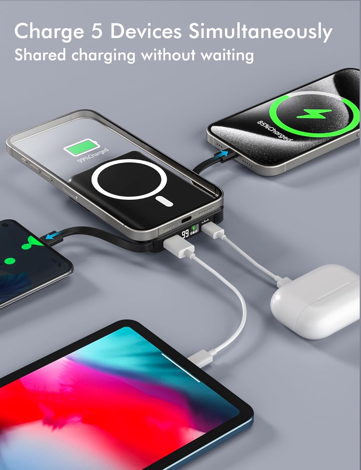 podoru for Magsafe Battery Pack, 10000mAh Magnetic Power Bank Built-in USB C Lighting Cables 22.5W PD Fast Charging LED Display Wireless Portable Charger for iPhone 16/15/14/13/12/ All Series-Black - Image 2