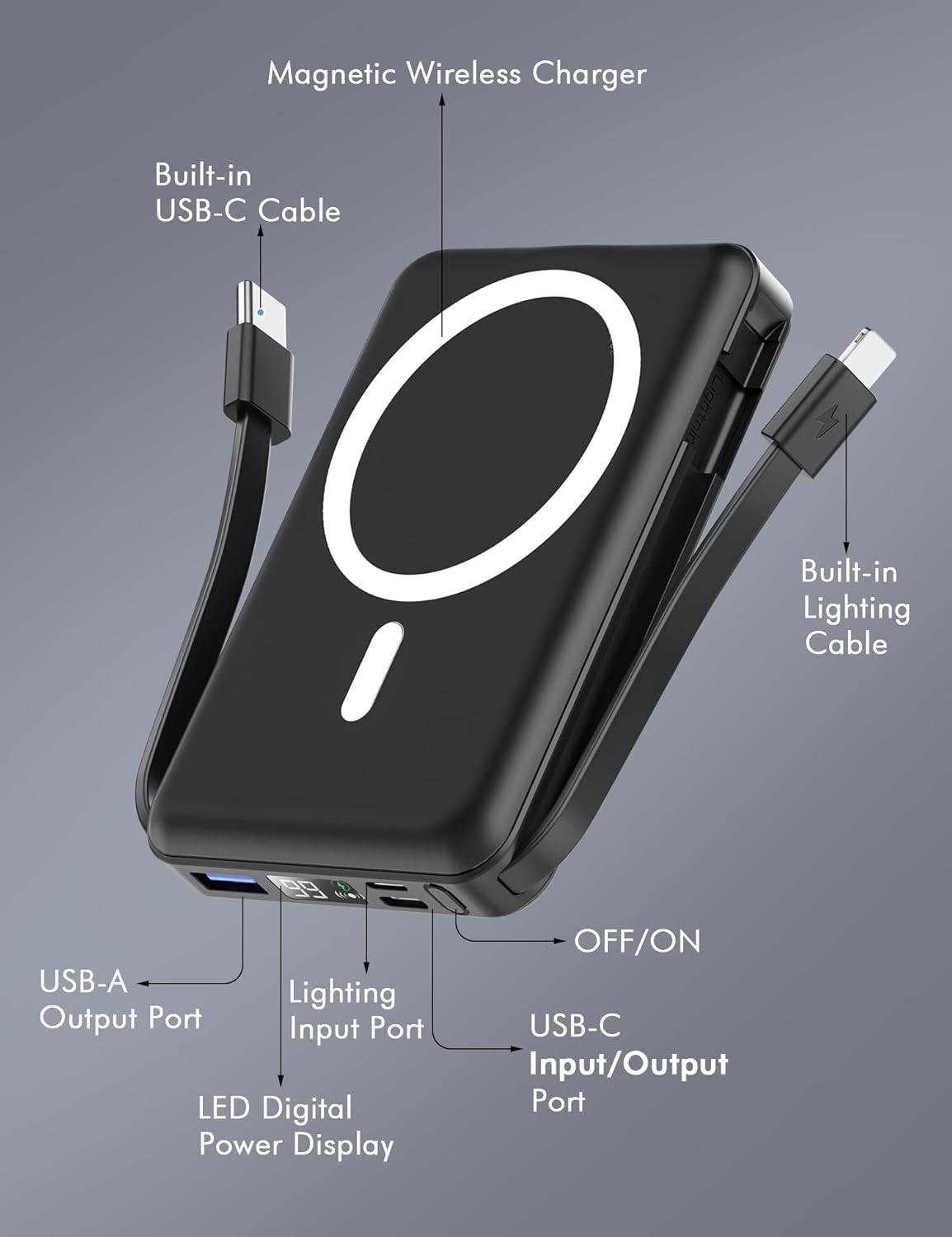podoru for Magsafe Battery Pack, 10000mAh Magnetic Power Bank Built-in USB C Lighting Cables 22.5W PD Fast Charging LED Display Wireless Portable Charger for iPhone 16/15/14/13/12/ All Series-Black - Image 3