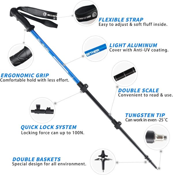 Trekking Hiking Poles Aluminum Hiking Walking Sticks with Quick Adjustable Locks - Comfort Handle - Padded Strap - Snow Baskets Attached-Suitable for Hiking, Walking - Image 2
