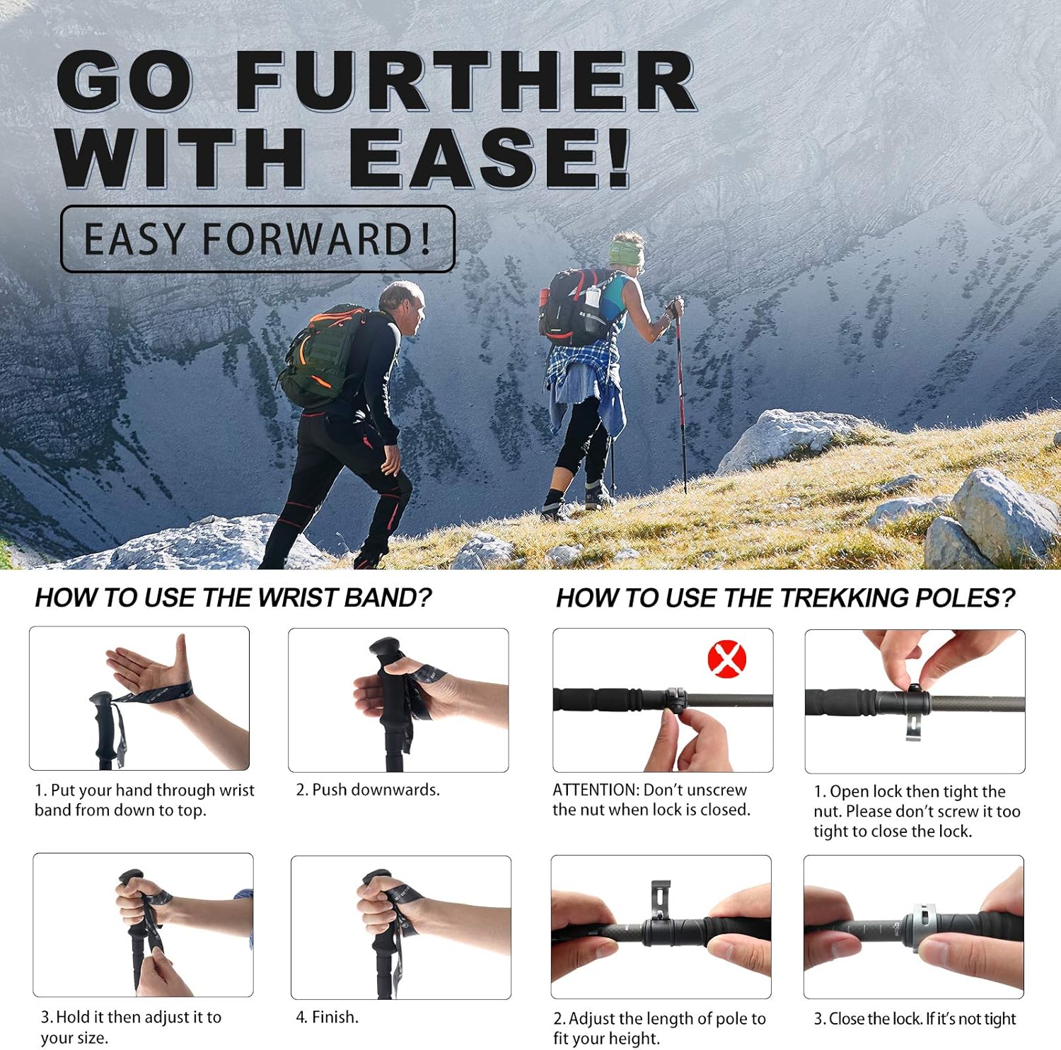 Trekking Hiking Poles Aluminum Hiking Walking Sticks with Quick Adjustable Locks - Comfort Handle - Padded Strap - Snow Baskets Attached-Suitable for Hiking, Walking - Image 3