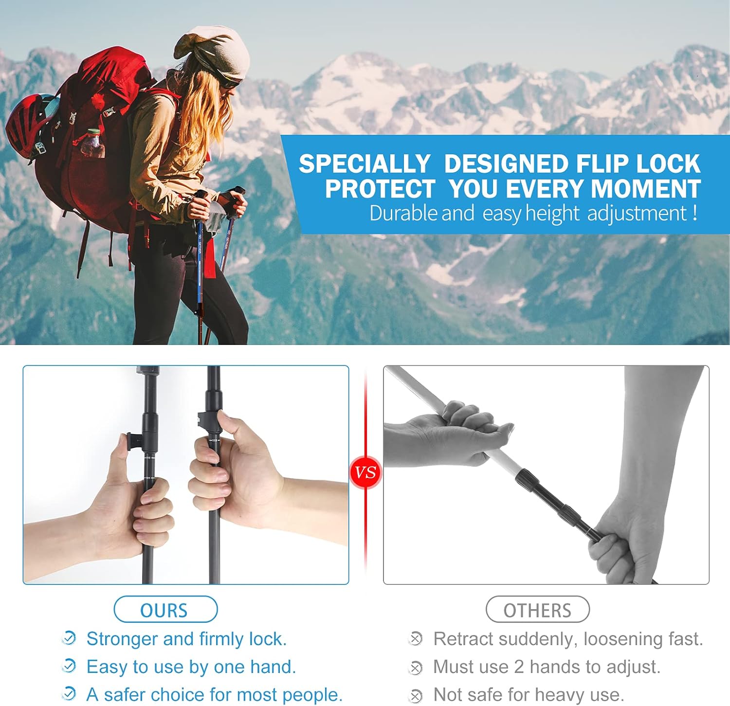 Trekking Hiking Poles Aluminum Hiking Walking Sticks with Quick Adjustable Locks - Comfort Handle - Padded Strap - Snow Baskets Attached-Suitable for Hiking, Walking - Image 4