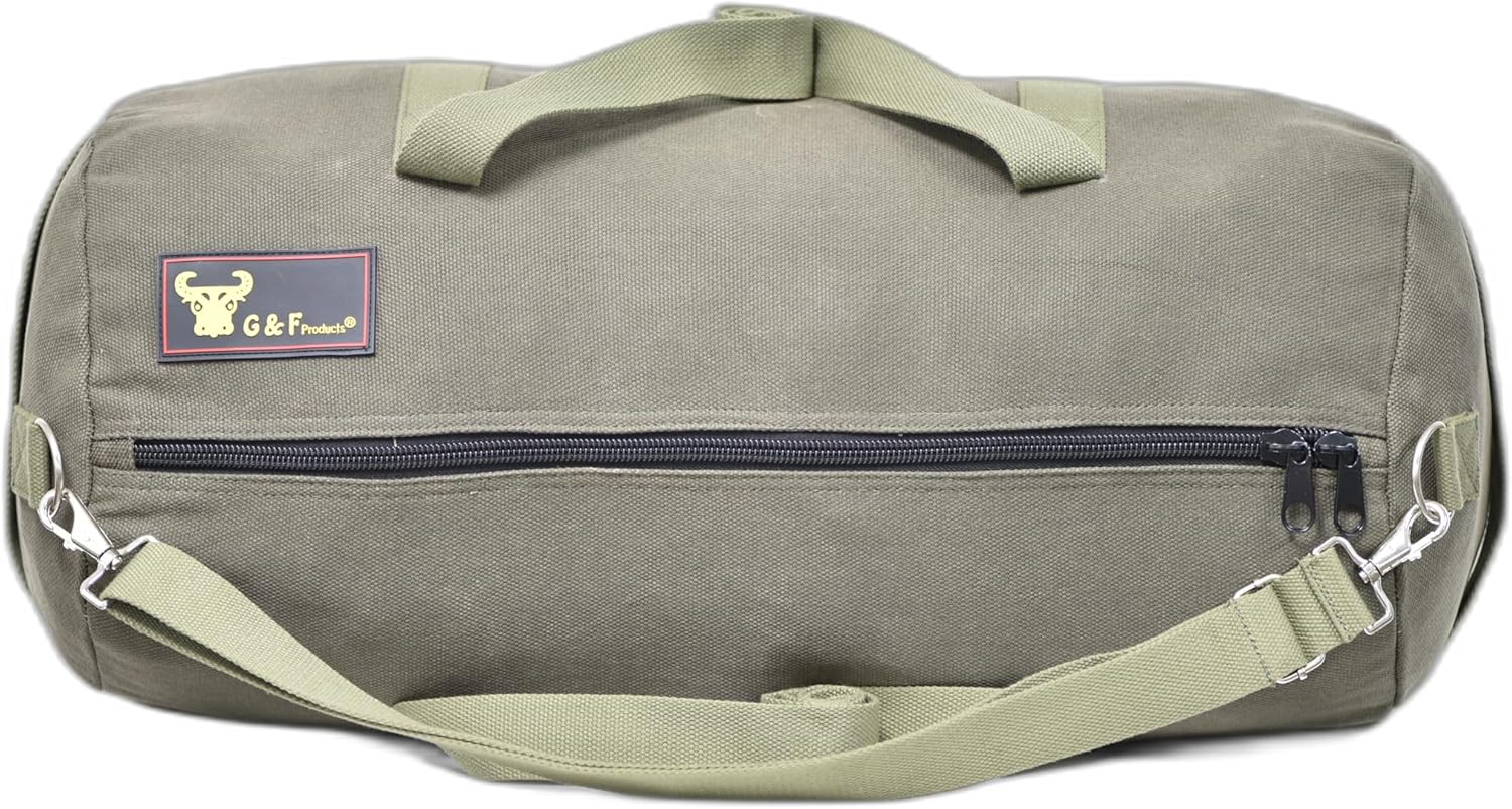 Waxed Canvas All Purpose Military Style Duffle Bag, Water-Resistant, Adjustable Strap, Fully Lined, Double Zipper Closure, heavy Duty, Olive Green